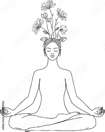 Minimalist line art of a human meditating with blooming flowers from head, mental health and self-care concept.