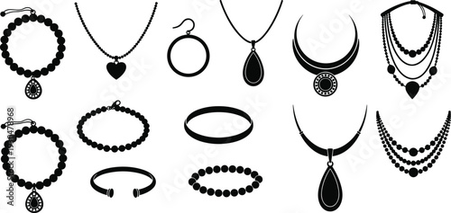 Jewelry silhouettes collection isolated on white background, necklaces bracelets pendants and bead accessories black vector illustration set