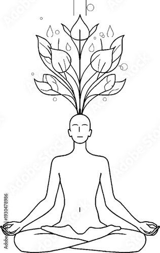 Minimalist line art of a human meditating with blooming flowers from head, mental health and self-care concept.