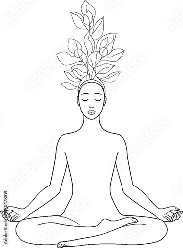 Minimalist line art of a human meditating with blooming flowers from head, mental health and self-care concept.
