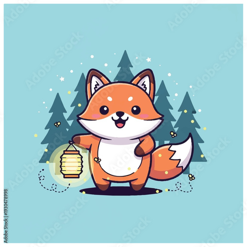 Cartoon Fox Character Holding Lantern.