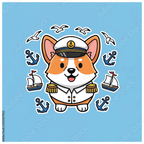 Corgi Dog Wearing Sailor Uniform Hat.