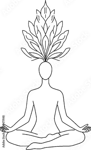 Minimalist line art of a human meditating with blooming flowers from head, mental health and self-care concept.