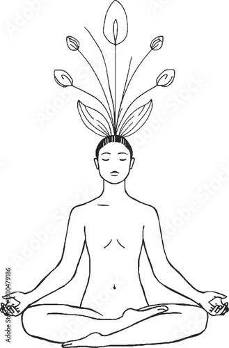 Minimalist line art of a human meditating with blooming flowers from head, mental health and self-care concept.