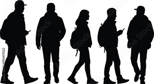 Urban people silhouettes with backpacks isolated on white background, young men and woman using smartphone walking