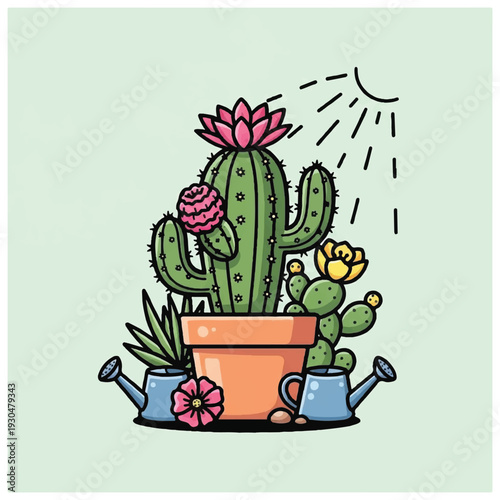 Cactus Plant in Terracotta Pot with Watering Cans.