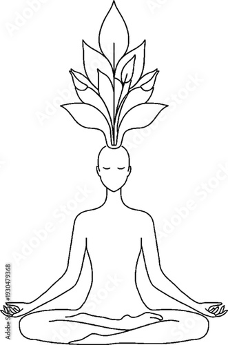 Minimalist line art of a human meditating with blooming flowers from head, mental health and self-care concept.
