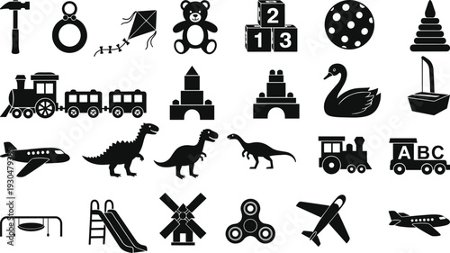 Children toys and playground icons collection isolated on white background, black silhouette set of kids objects