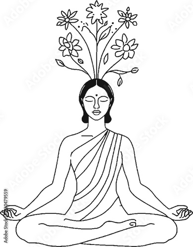 Minimalist line art of a human meditating with blooming flowers from head, mental health and self-care concept.