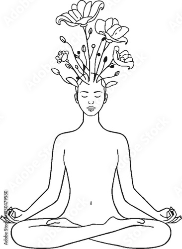 Minimalist line art of a human meditating with blooming flowers from head, mental health and self-care concept.