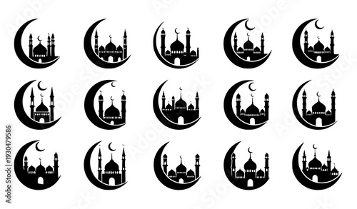 Crescent moon mosque silhouette icons collection for Ramadan and Islamic religious design isolated on white
