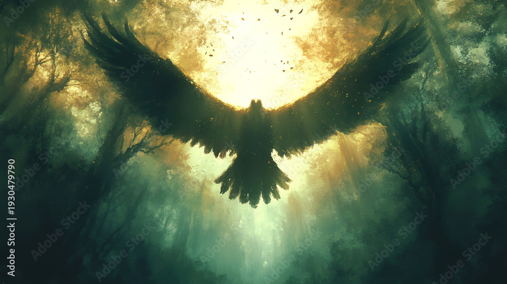Obraz premium A majestic dark bird with large wings soars through a mystical, sunlit forest