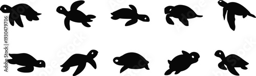 Sea turtle silhouette vector set. Cute marine reptile collection in different swimming poses. Ocean animal icons isolated for logo design, aquarium branding and coastal themes.