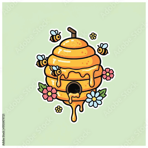 Beehive Surrounded by Bees and Flowers.