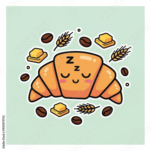 Sleeping Croissant Cartoon Character with Coffee Beans.