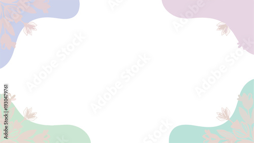 Colorful abstract shapes with pink leaves on a white background in a flat lay composition with pastel colors.