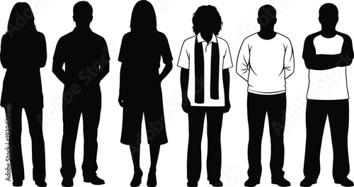 Diverse people silhouettes collection isolated on white background, young men and women standing in casual clothing