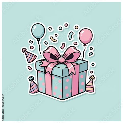 Gift Box with Pink Bow and Balloons.