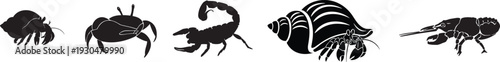 Sea creature silhouette vector set. Black crab, scorpion, hermit crab and marine crustacean icons. Ocean animal collection isolated for seafood branding, logo and coastal design.