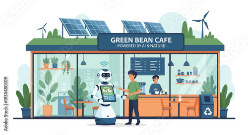 A modern green bean cafe powered by AI and nature, featuring solar panels, wind turbines, a robot interacting with a customer, and a barista.