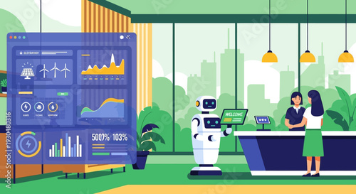 A futuristic office environment showcasing a robot assistant, data analytics dashboard, and human interaction at a reception desk, emphasizing smart technology and efficiency.