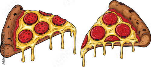 Hot pepperoni pizza slices with gooey melted cheese and browned crust, perfect for food advertising, menu design, and culinary-themed creative projects