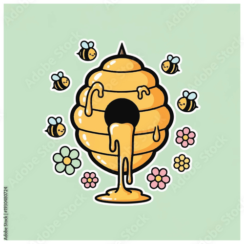 Honey Dripping from Beehive with Bees Illustration.
