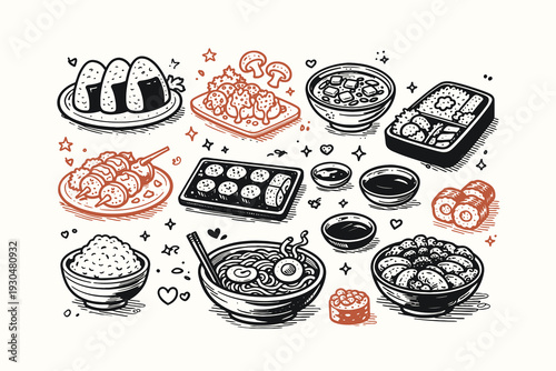 Hand drawn Asian food different Japanese meals