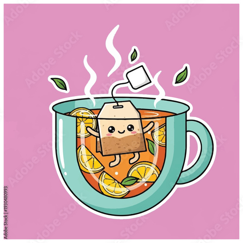 Cartoon Tea Bag Character in Mug.