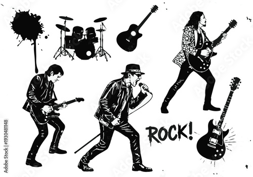 Rock Music Performance Silhouette Set with Guitarist Singer and Drum Kit Illustration