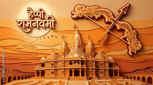 Sacred Hindu temple vector illustration with layered sandstone style architecture bow arrow motif desert tone background celebrating Ram Navami spiritual heritage