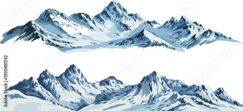 Stylized illustrations of snow-covered mountain ranges with jagged peaks and ridges, perfect for alpine landscapes, environmental themes, and artistic design projects