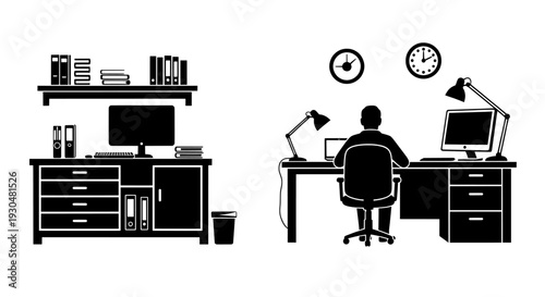 A person working at a desk with a computer and office supplies
