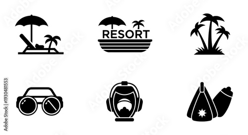 A collection of black and white icons representing travel and adventure