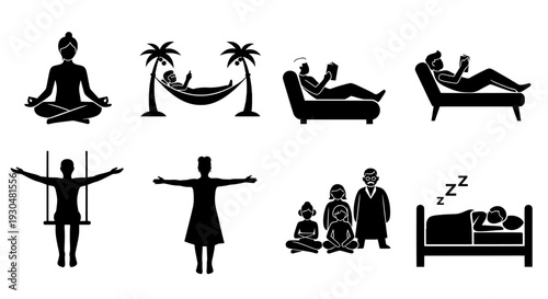 A collection of black silhouettes depicting various relaxation and sleep scenes