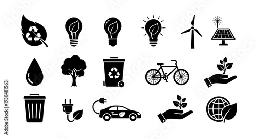 A collection of eco-friendly icons on a white background