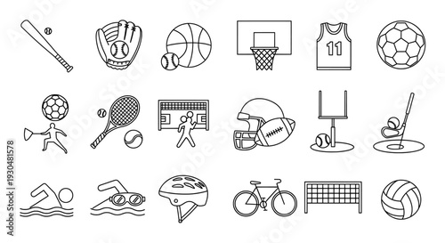 A collection of various sports icons and equipment illustrations