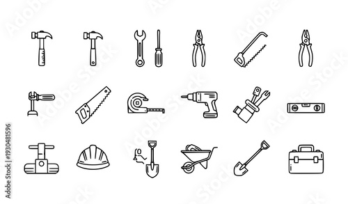Minimal Line Construction Tools Vector Icon Pack with Editable Outline for Web and App Design