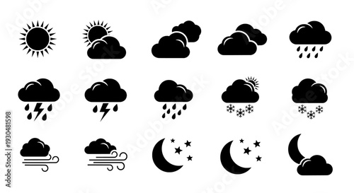 A collection of various weather icons on a white background