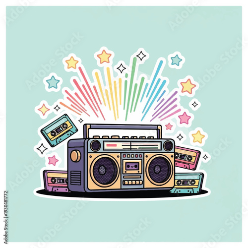 Vintage Boombox with Cassette Tapes and Stars.
