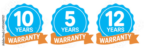 10, 5, 12 Year Warranty Badges, Long Term Warranty Labels with Ribbons, Product Reliability, Consumer Assurance, Premium Certification