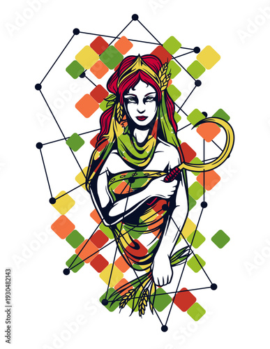 Greek Goddess Demeter Harvest Vector Illustration with Golden Sickle and Wheat - Mythological Mother Nature Character Design with Colorful Geometric Diamond Background