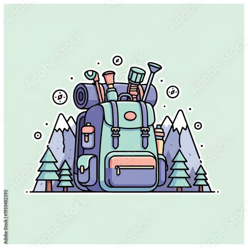 Hiking Backpack with Camping Gear and Accessories.