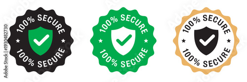 100% Secure Badge with Shield, Check Mark Icon, Circle Logo, Label, Seal, Symbol, Stamp, Sticker, Emblem, Banner, Vector Graphic