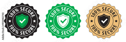 100% Secure Badge with Shield and Check Mark Icon, Logo, Circle, Label, Seal, Symbol, Button, Sign, Badge, Stamp, Sticker, Emblem, Banner, Vector Image