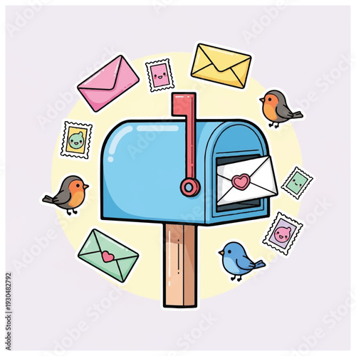 Blue Mailbox with Envelope and Birds.