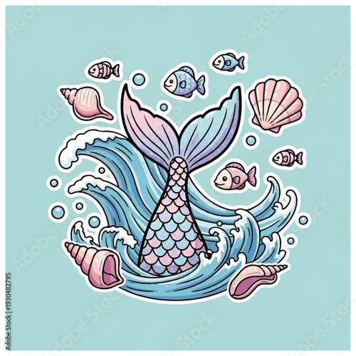 Mermaid Tail with Fish and Seashells.