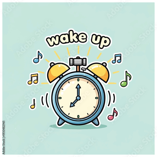 Blue Cartoon Alarm Clock Ringing Loudly.