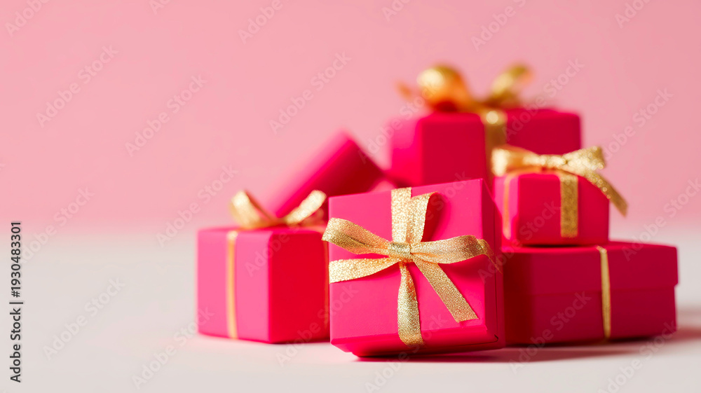 Fototapeta premium Pile of Red Christmas Gift Boxes with Shiny Gold Ribbons Isolated on Transparent Background