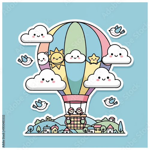 Colorful Cartoon Hot Air Balloon Flying.